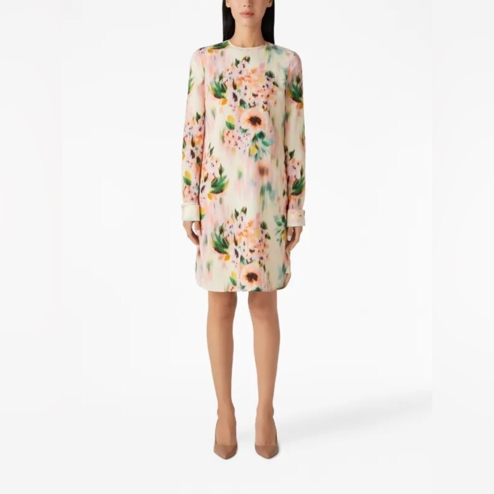 NWT St. John Womens Floral Print Silk Mini Dress 4 Ecru/Peach Multi Designer